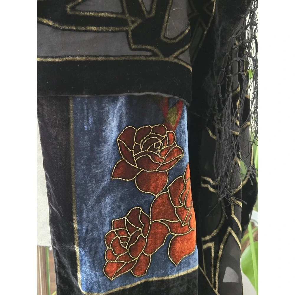VTG 100% Silk Burnout Velvet Piano Scarf Shawl Art Deco Stain Glass‎ Whimsigoth